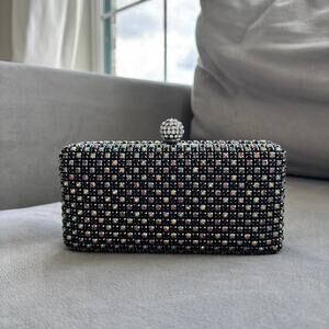 Bebe Rhinestone Clutch with Strap Black Silver Hardsided Purse